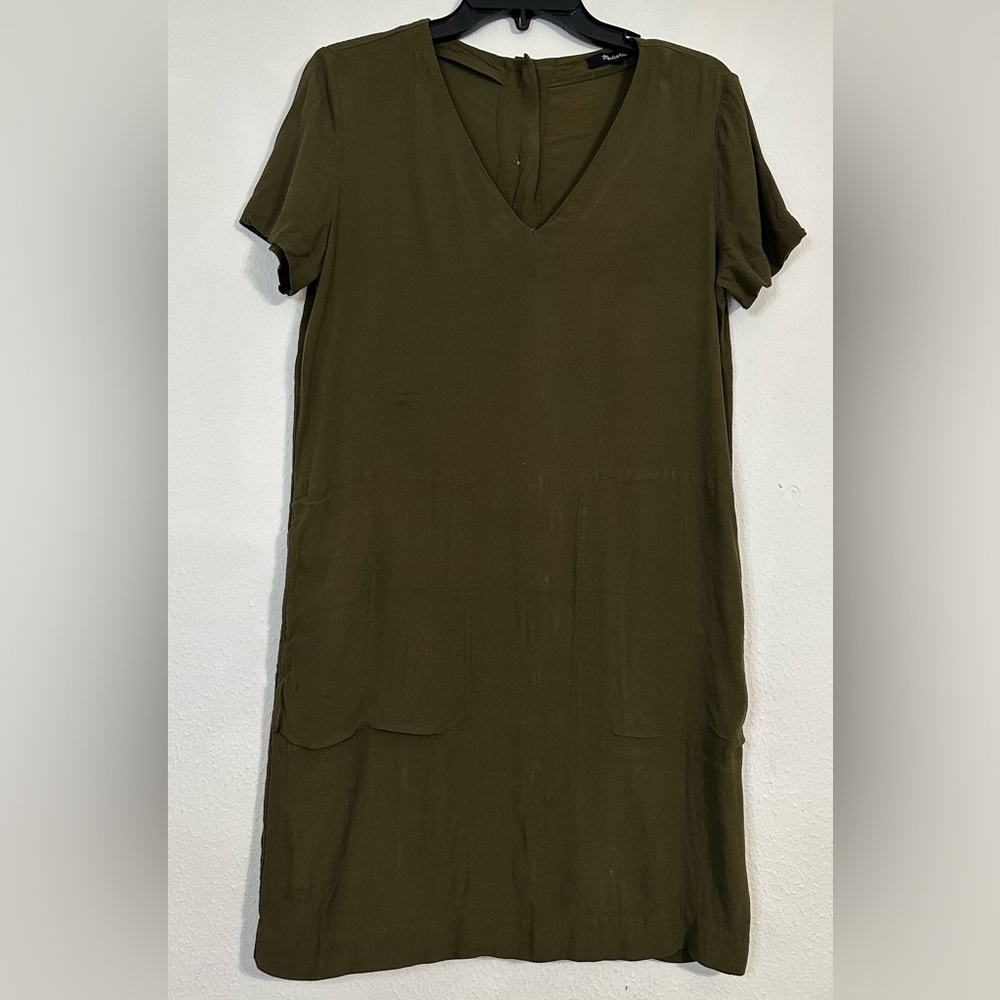 Madewell Green Olive Mini Dress V-Neck Button Back Size S - Picture 3 of 14